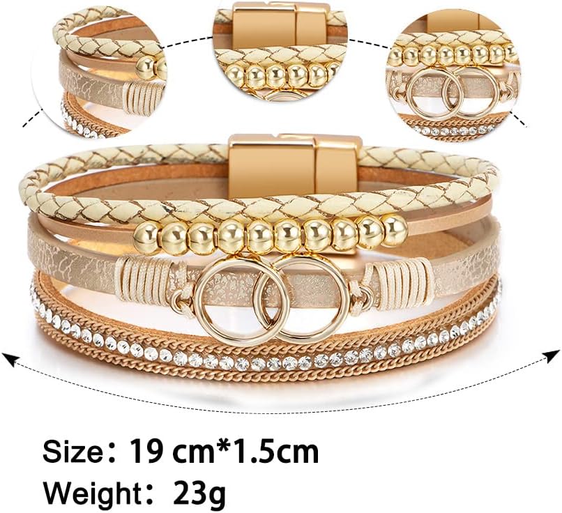 Detalle 2 de Fesciory Leopard Boho Leather Wrap Bracelet for Women with Pearls, Crystals & Brass Pipe