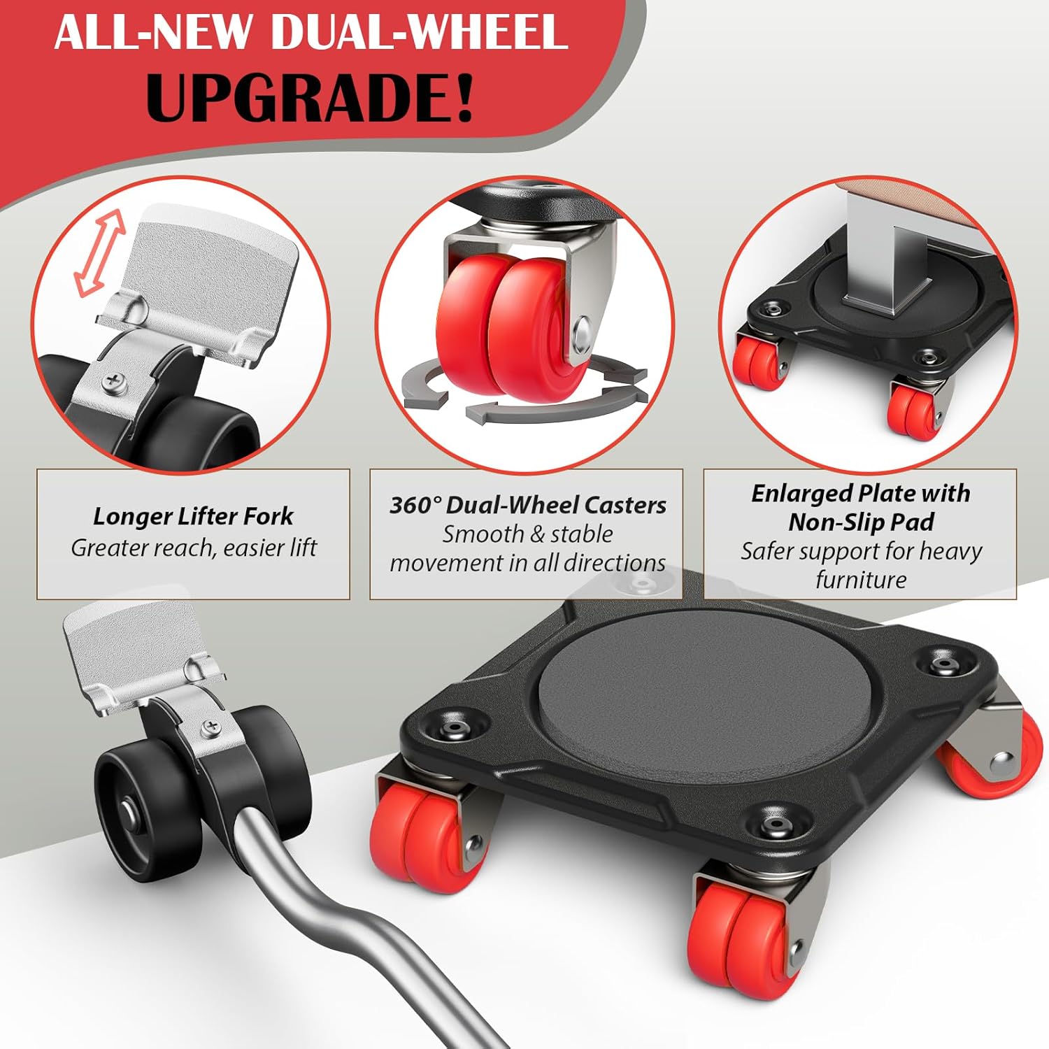 Detalle de ONEON Furniture Mover Ultra with 8 Wheels – low-profile double-wheeled dolly kit with auxiliary lifter (supports up to 1650 lbs)
