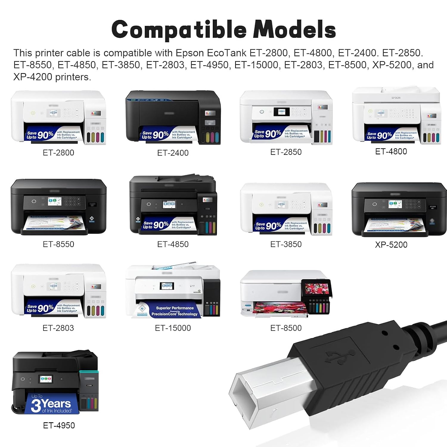 Detalle de Xivip ET-2800 Printer Cable USB 2.0 – 5 ft (1.5 m) for Epson EcoTank and More
