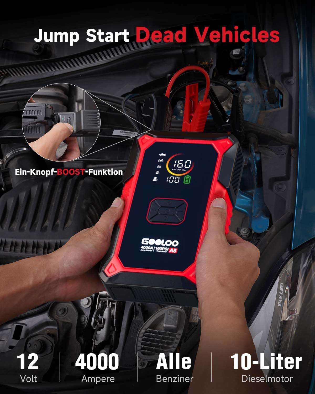 Detalle de GOOLOO A5 Starthilfe Powerbank mit Kompressor – 4-in-1 Jumpstarter für 12V (Benzin & bis zu 10L Diesel) mit 160 PSI Pumpe
