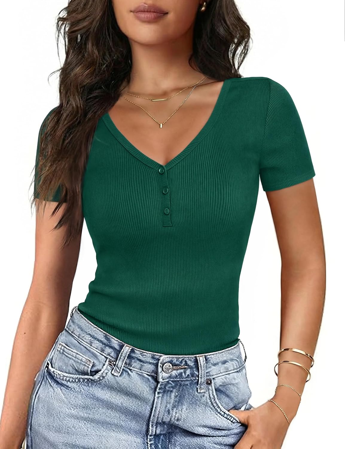Thumbnail 6 de Gyabnw Damen Slim Fit Shirt mit V-Ausschnitt und Henley-Knopfleiste – weiches Basic Sommer-T-Shirt