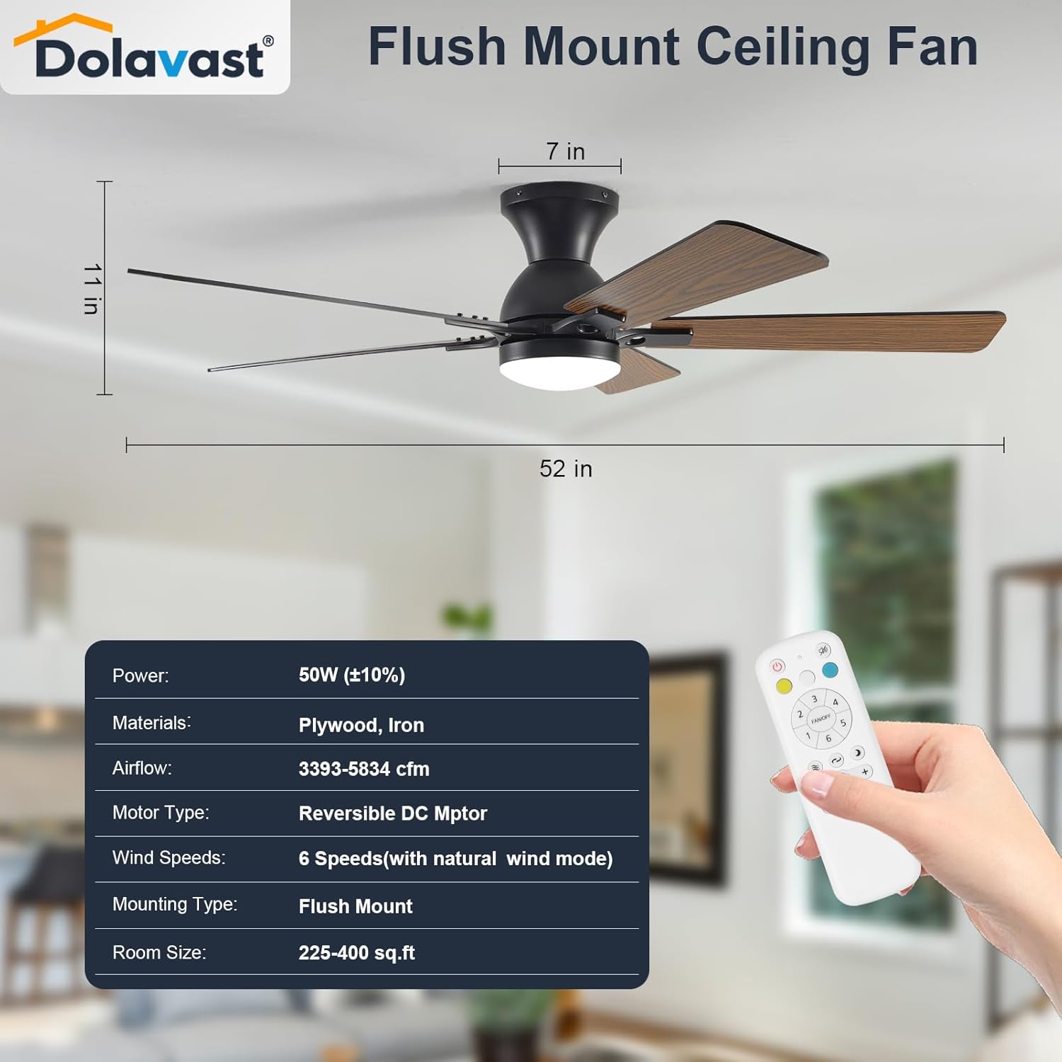 Thumbnail 6 de Dolavast 52-Inch Low Profile Ceiling Fan with Light, Remote Control & Reversible DC Motor