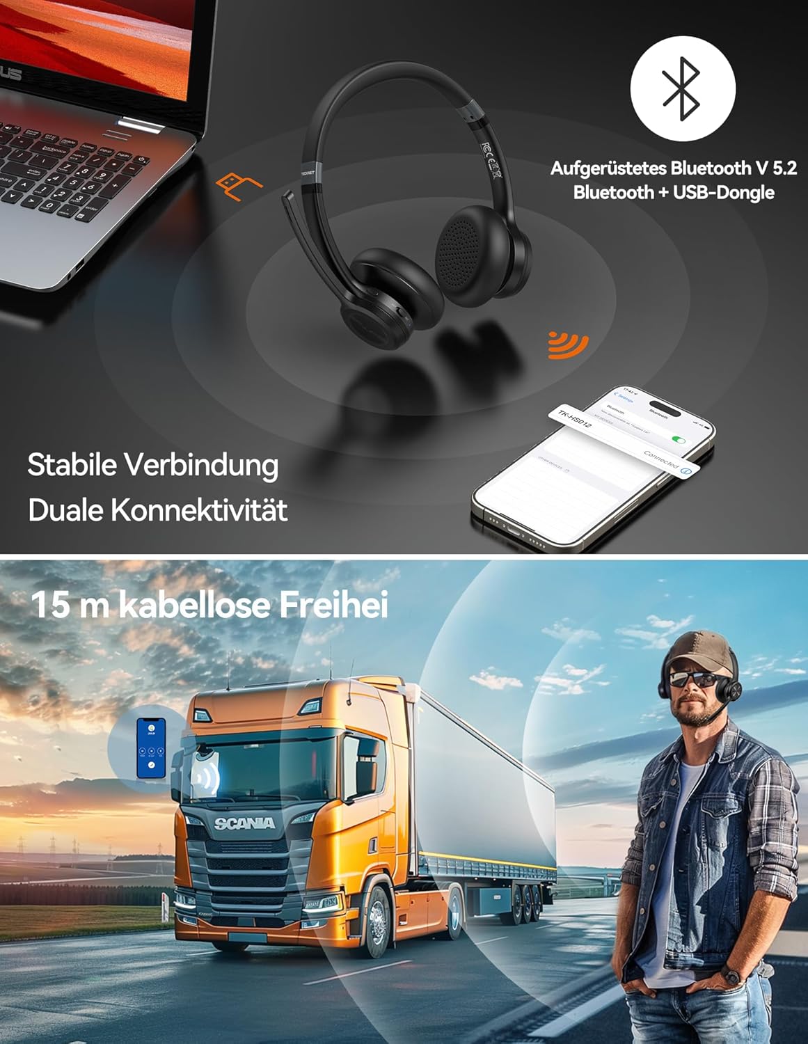 Thumbnail 4 de TECKNET V5.2 Bluetooth Headset mit Mikrofon – Kabellos, Noise Cancelling und Stummschaltung, 50+ Stunden Akku, ideal für Büro, Callcenter und Trucking