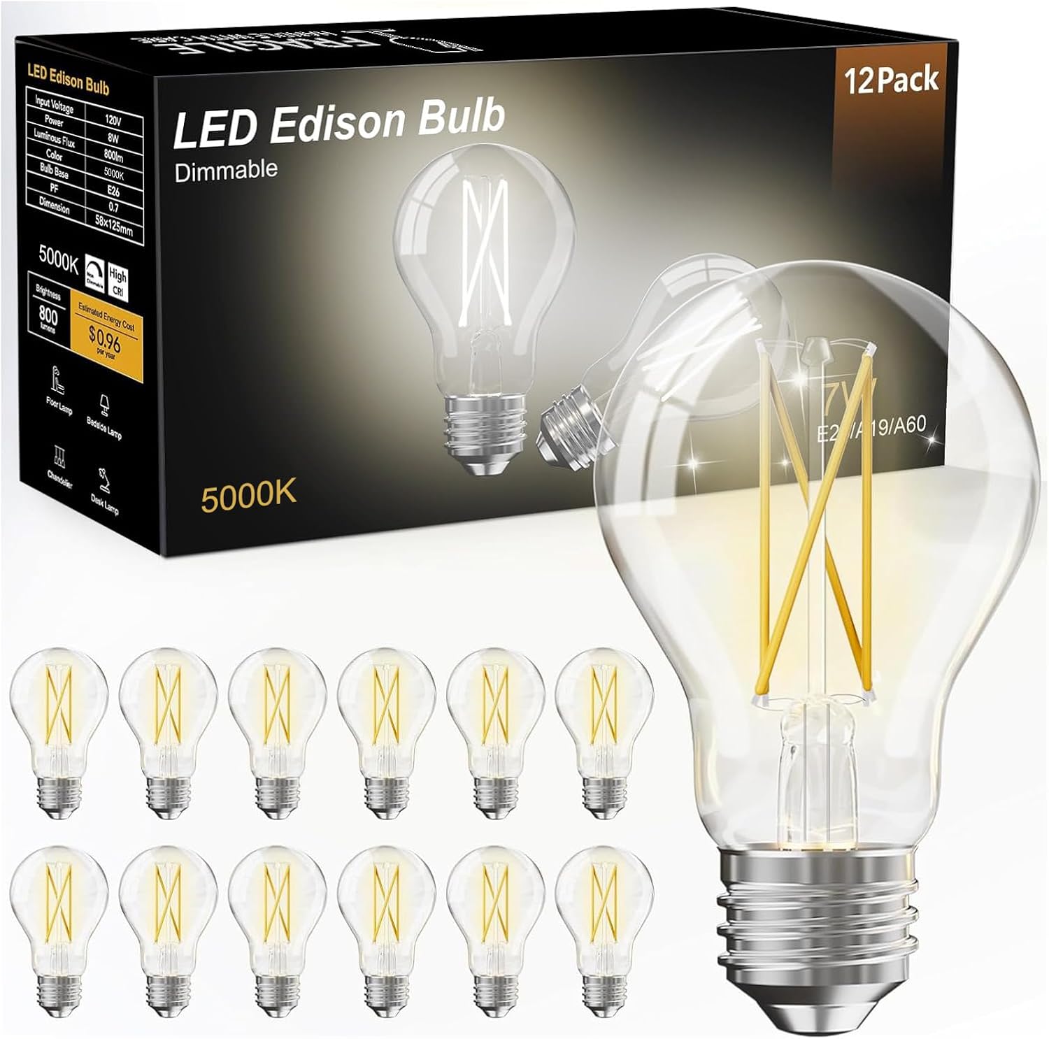 Detalle de dalattin QANDB A19 Vintage LED Bulbs, 12-Pack, Dimmable, 5000K, 800 Lumens