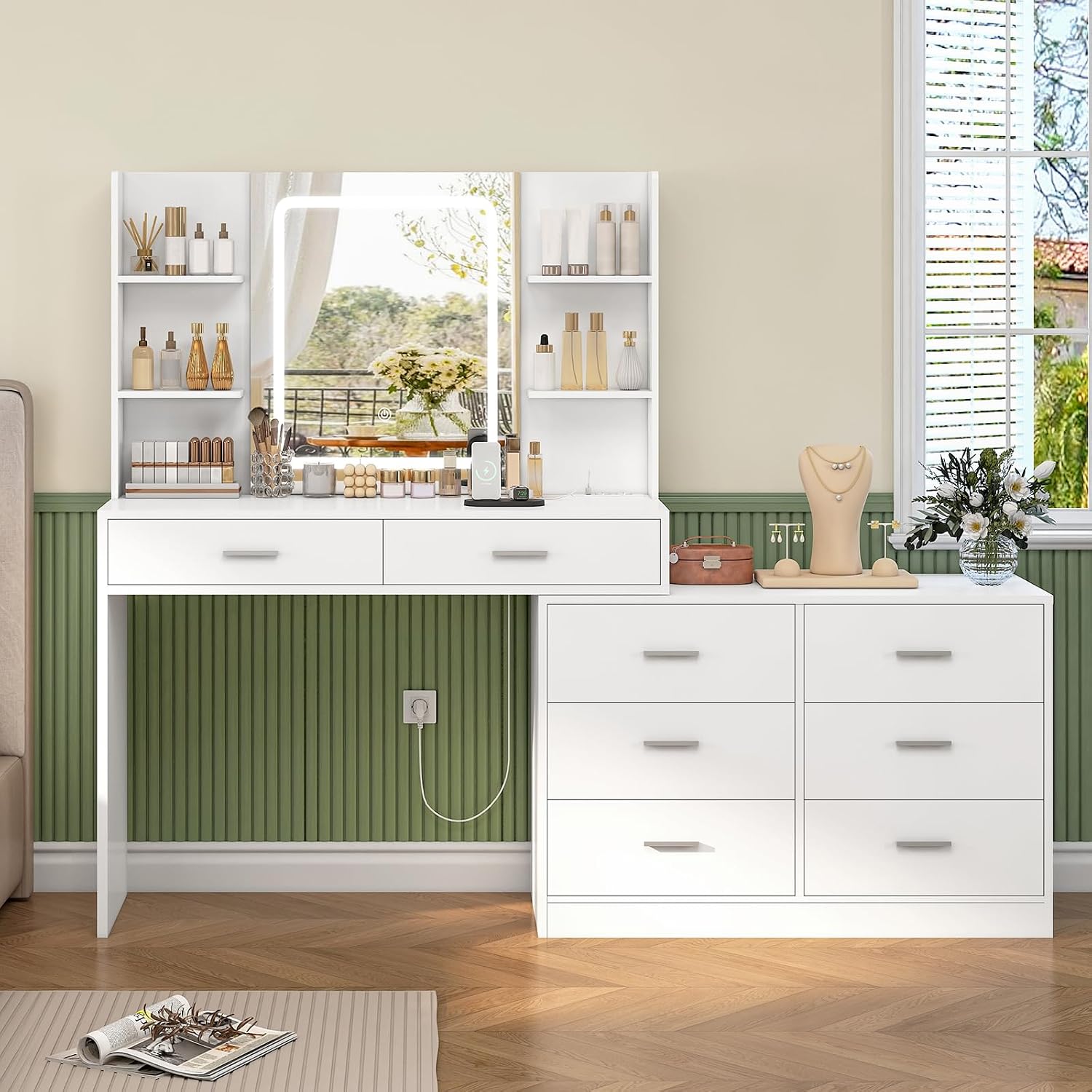 Detalle 2 de TEENFON STA021 Dressing Table with LED Mirror, 8 Drawers and Adjustable Shape