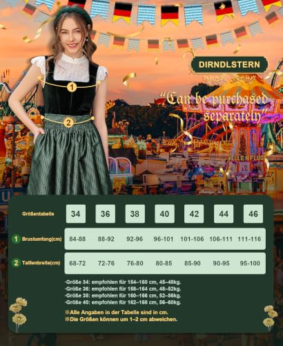 Detalle de DirndlStern Dirndl Damen Trachtenkleid Grün 70 cm Rocklänge Samt Midi – DIRNDLSTERN, Größe 38