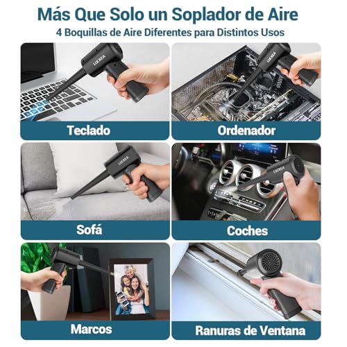 Detalle 2 de LUCKEA Air Duster, soplador para PC con 3 velocidades, luz LED y batería de 6000 mAh