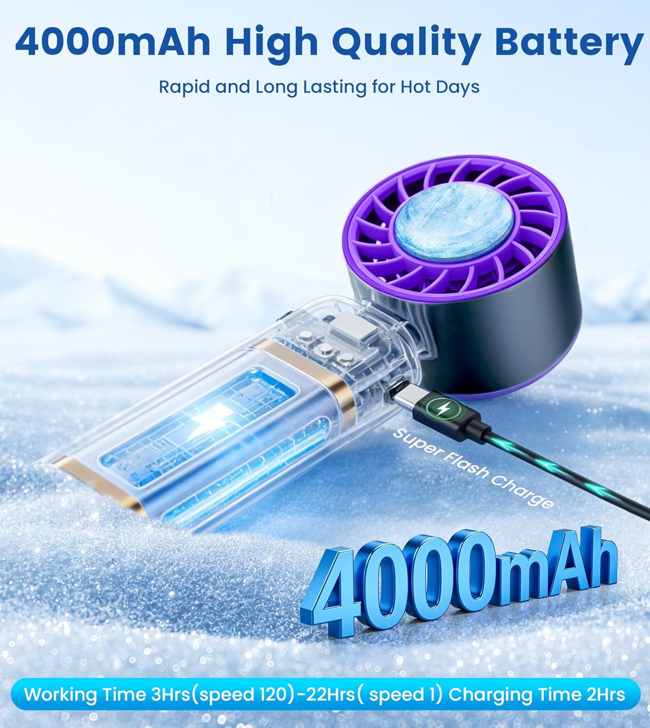 Detalle de Portable Handheld Fan with 4000mAh Battery, 16800RPM Turbo Cooling and Ice Cooler
