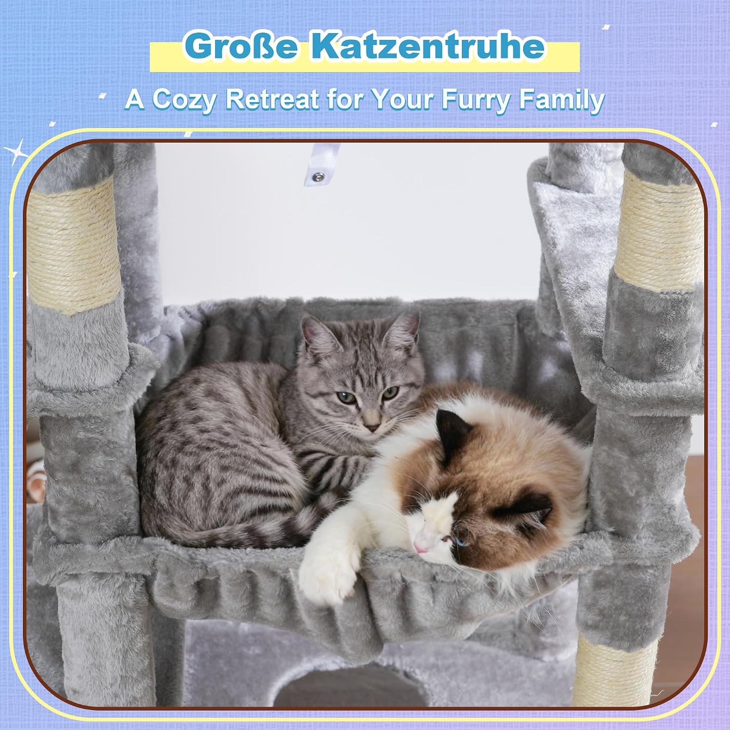Detalle 2 de Hey-brother Kratzbaum EMJ080W, 182 cm hoch für Großkatzen – mit 2 Liegeflächen, 3 Hängematten & Kratzbrettern