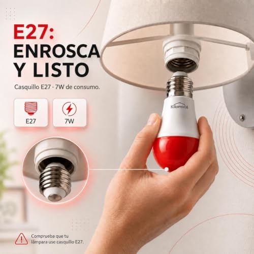 Thumbnail 5 de KILOMVIK Bombilla Luz Roja Nocturna Melatonina 7W, E27 (Pack 2) – 0% Luz Azul