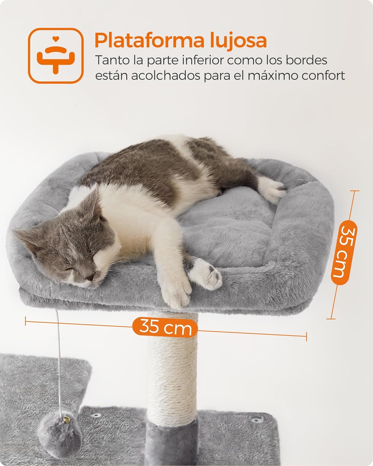 Detalle de Feandrea árbol para gatos PCT161W01, torre multinivel de 143 cm con 2 plataformas, cueva y hamaca (gris claro)