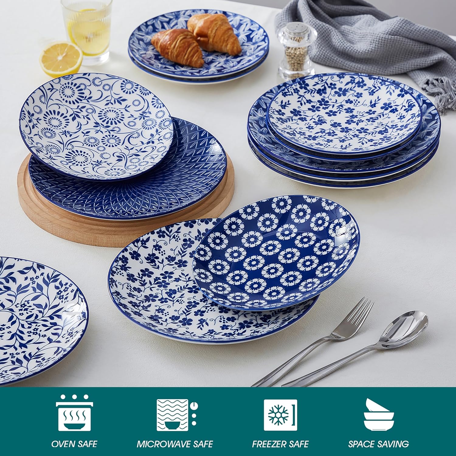 Detalle de vancasso SELENE Salatteller 6-teilig (Porzellan), Dessert- und Kuchenteller Ø 21 cm – Blau-Weiß Vintage