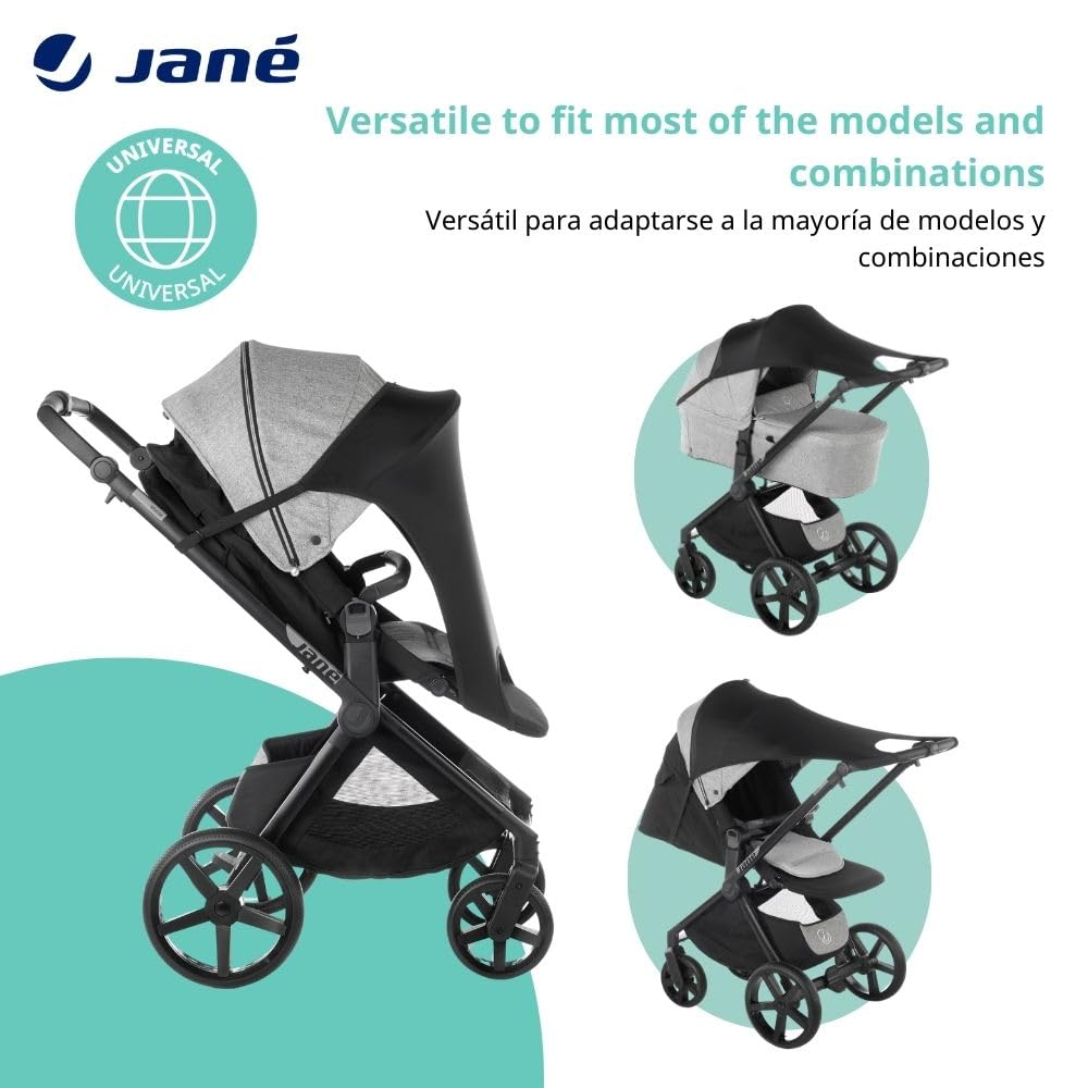 Detalle de Jané Sonnenschutz für Kinderwagen UPF 50+ – Universal elastisch, atmungsaktiv, UV-Schutz für Buggy und Babywanne (Schwarz)