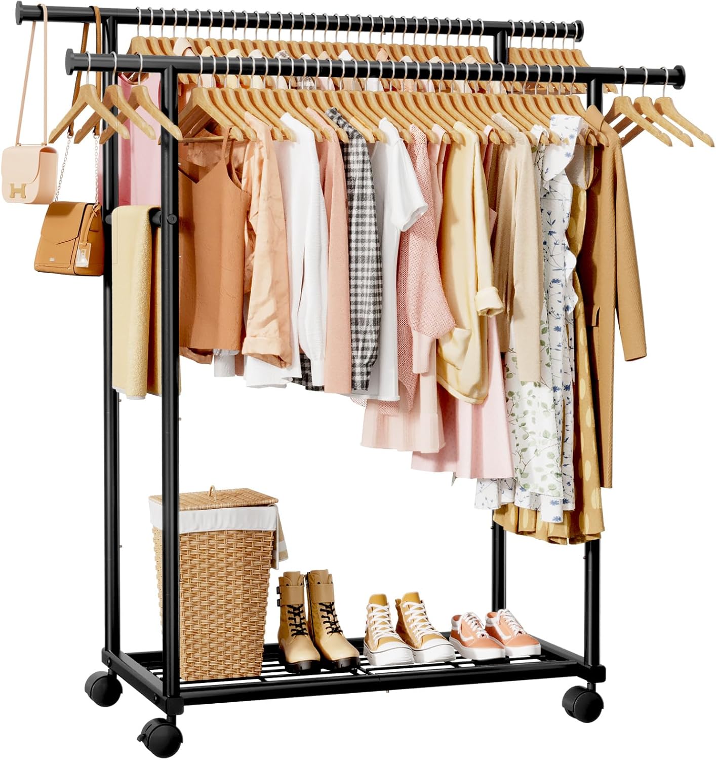 Detalle de Sakugi double-rod clothes rail with fixed extension rod, mesh shelf and universal wheels (98cm x 42cm x 150cm) - Black