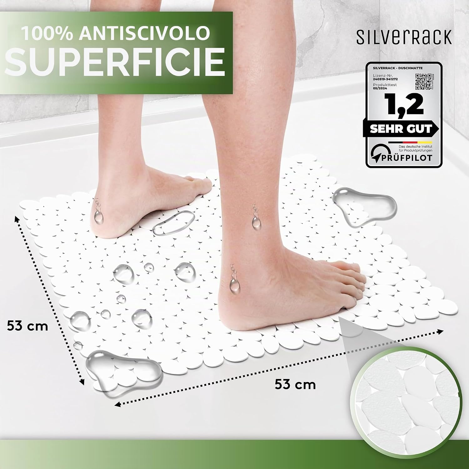 Detalle de SilverRack DermaSensitivo – Tappetino da doccia antiscivolo 53x53 cm, 100% senza BPA