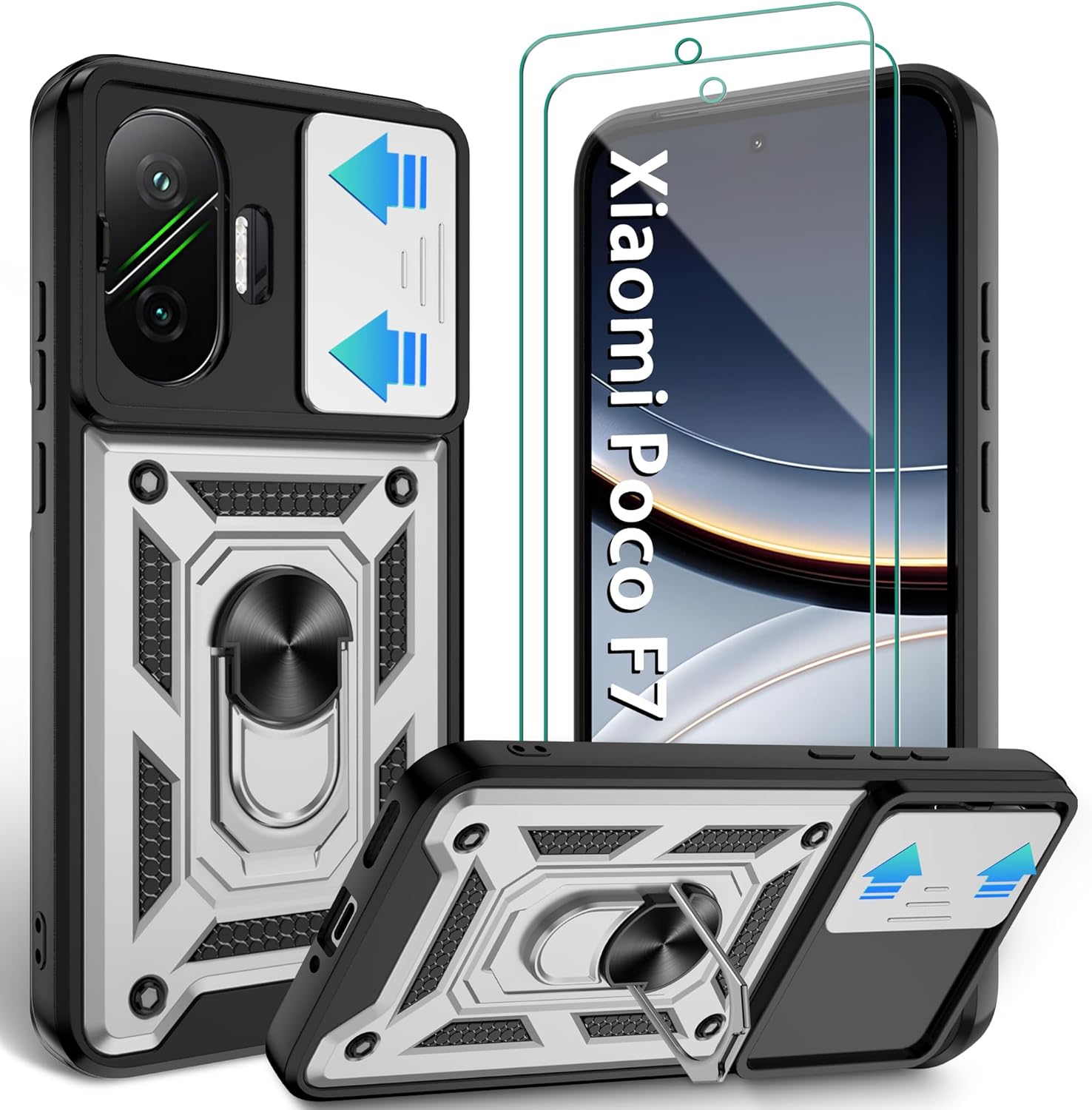 Detalle de Jshru Hülle für Xiaomi Poco F7 – Militärischer Schutz, slide Kameraschutz und 360° Ringständer (Silbrig)