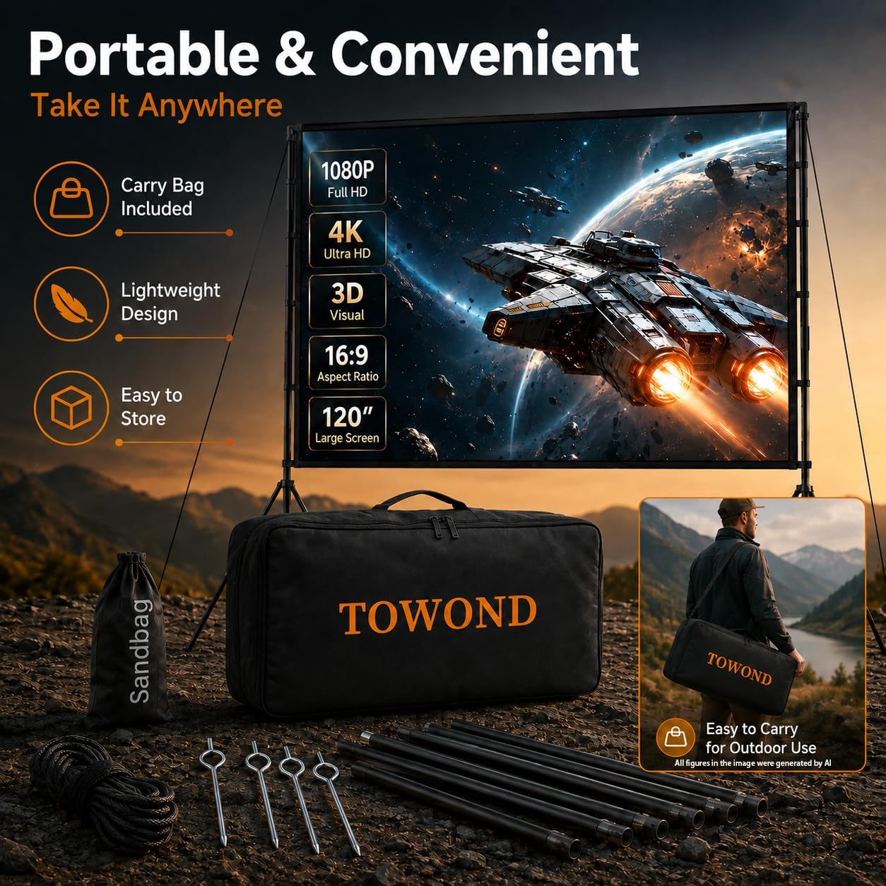 Detalle de TOWOND Outdoor Projector Screen with Stand, 120-inch Portable 16:9 (Double-Sided) Foldable Projection Screen