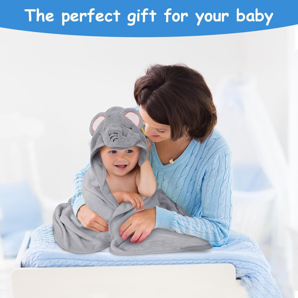 Detalle de Aolso Serviette de Bain Capuche Bébé 80x80 cm, Velours Corail Doux et Ultra Absorbante — Éléphant Gris