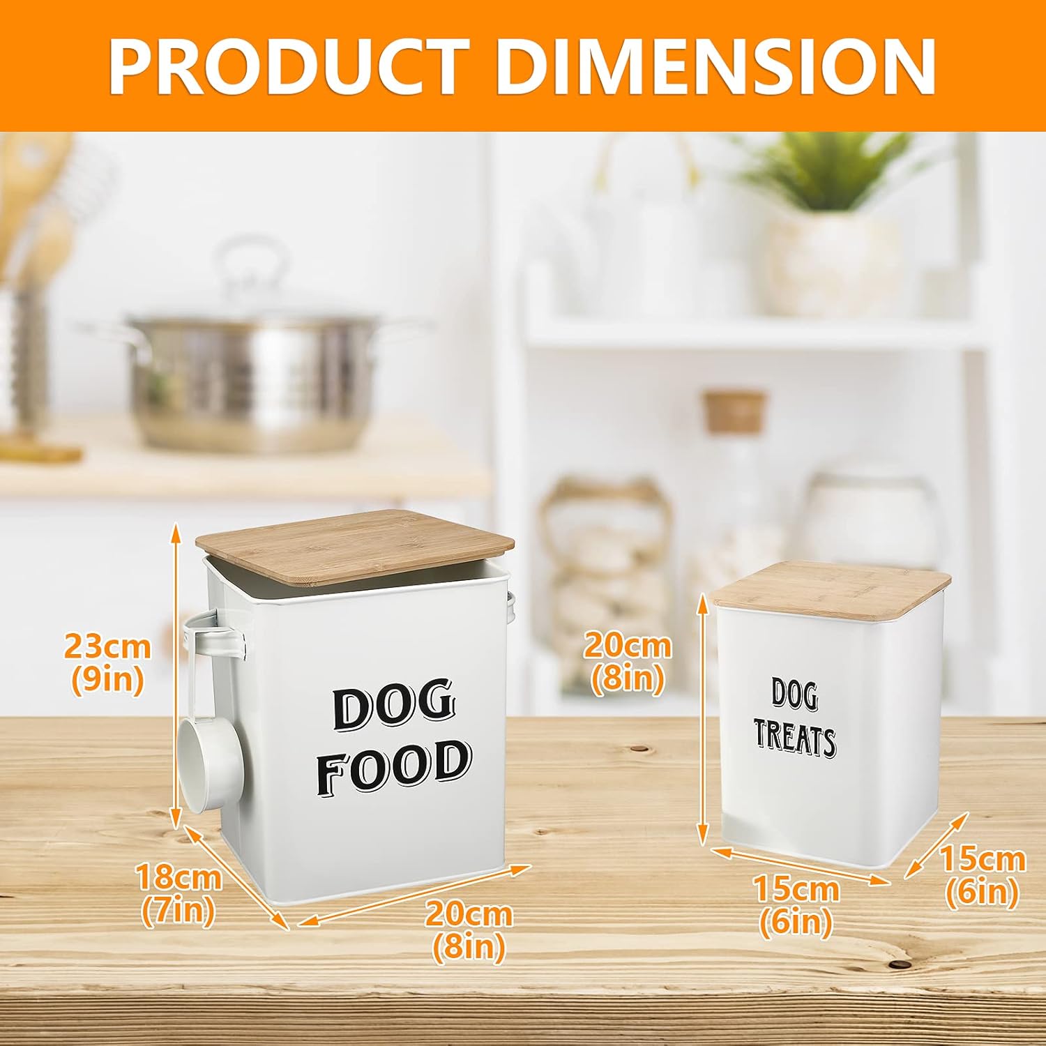 Thumbnail 6 de Pet Food and Treats Containers Set with Scoop – Beige Powder-Coated Carbon Steel Tins, Tight-Fitting Wood Lids