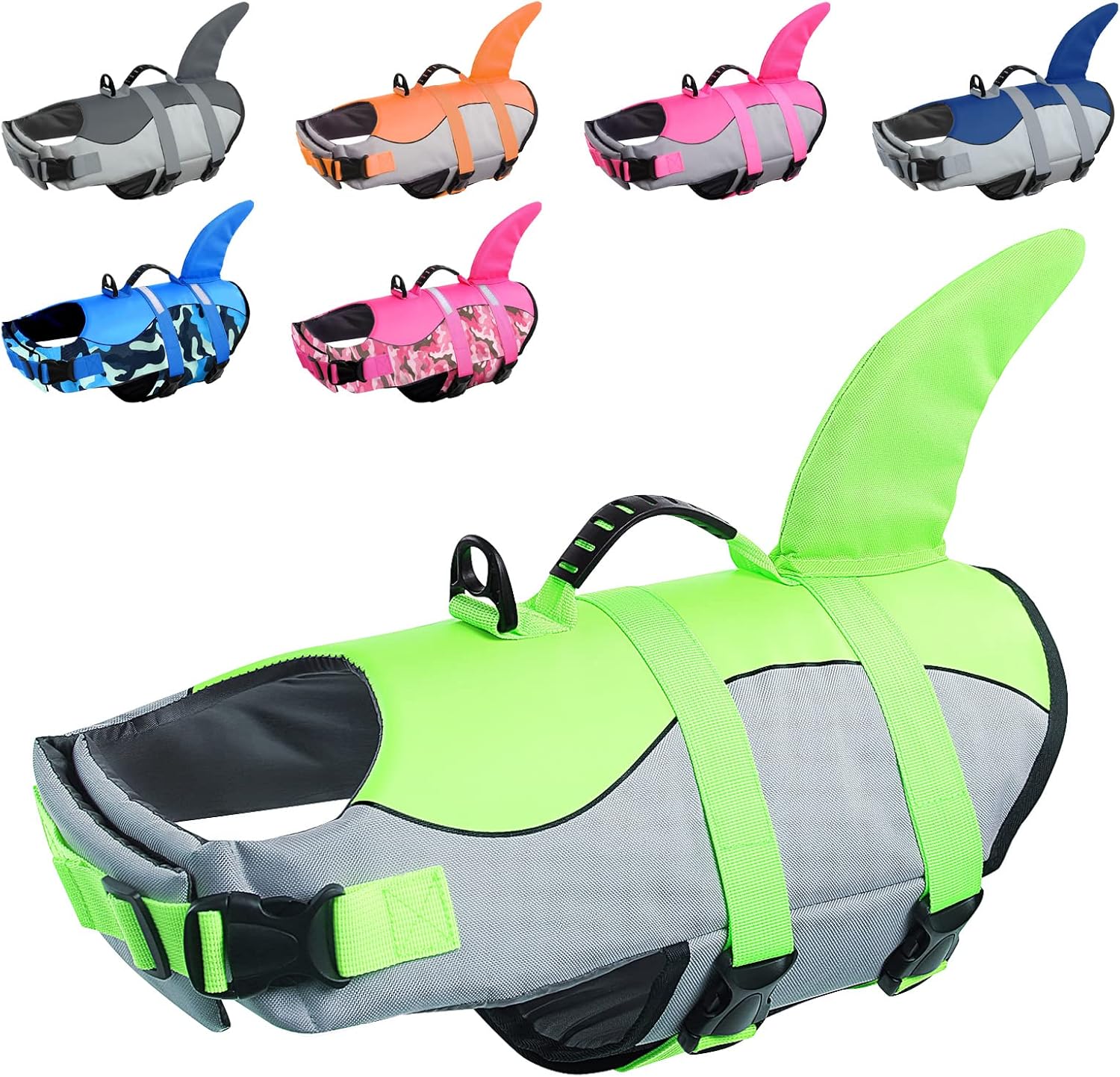 Detalle de CITÉTOILE Dog Life Jacket Shark Costume – Safe, visible flotation vest for dogs (Green, M)