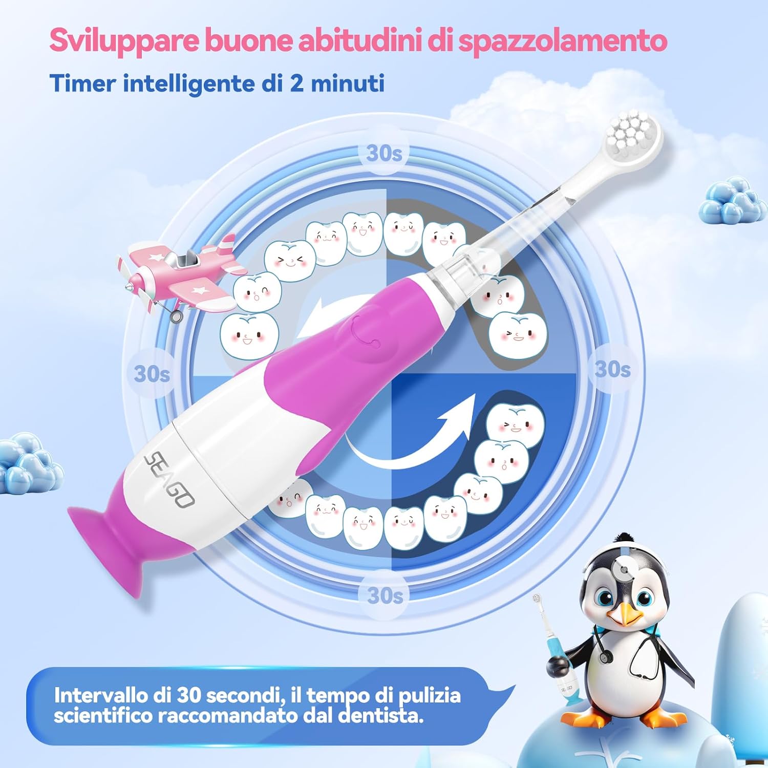 Thumbnail 1 de Seago spazzolino elettrico bambini con timer 2 minuti, luce LED e base aspirante (da 0 a 3 anni)