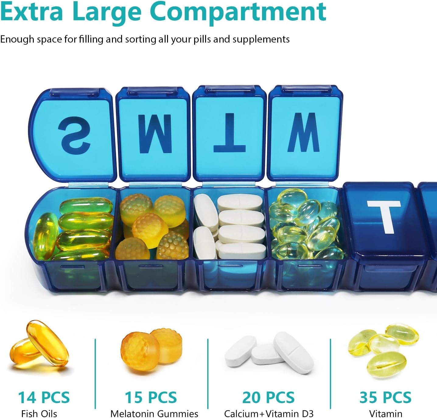 Detalle de MOLN HYMY XL 7-Day Pill Organizer, Blue with Large Compartments and Clear Lid