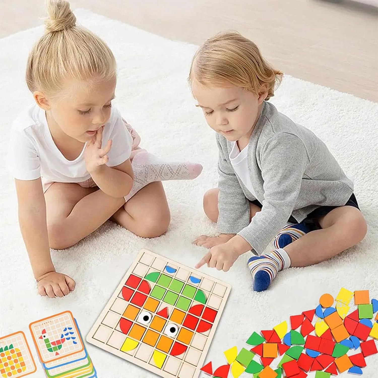 Detalle 2 de Jastown 120pcs Creative Mosaic Puzzle — Wooden Pattern Blocks Set for Early Learning