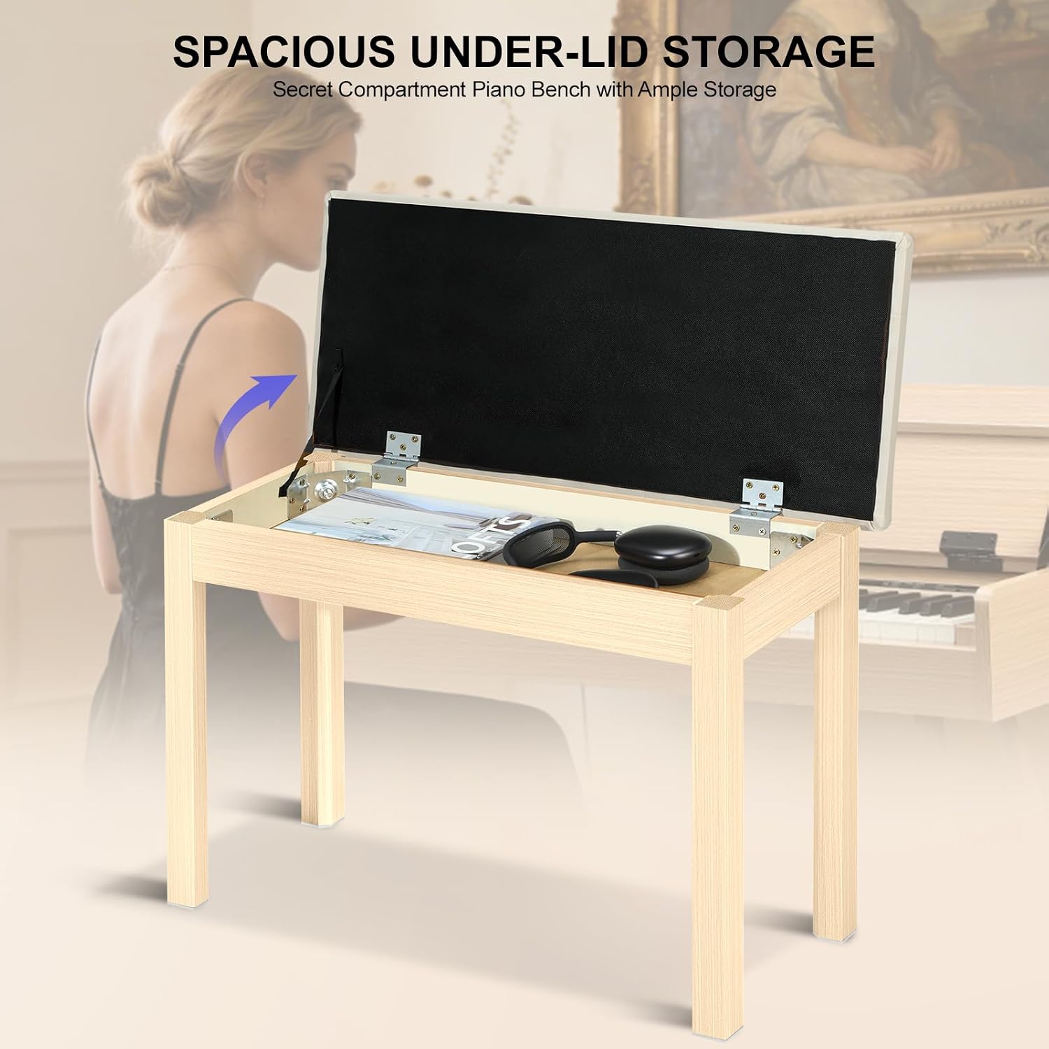 Detalle 1 de Vediya VES95 Duet Piano Bench with Storage, Tufted Apricot Seat