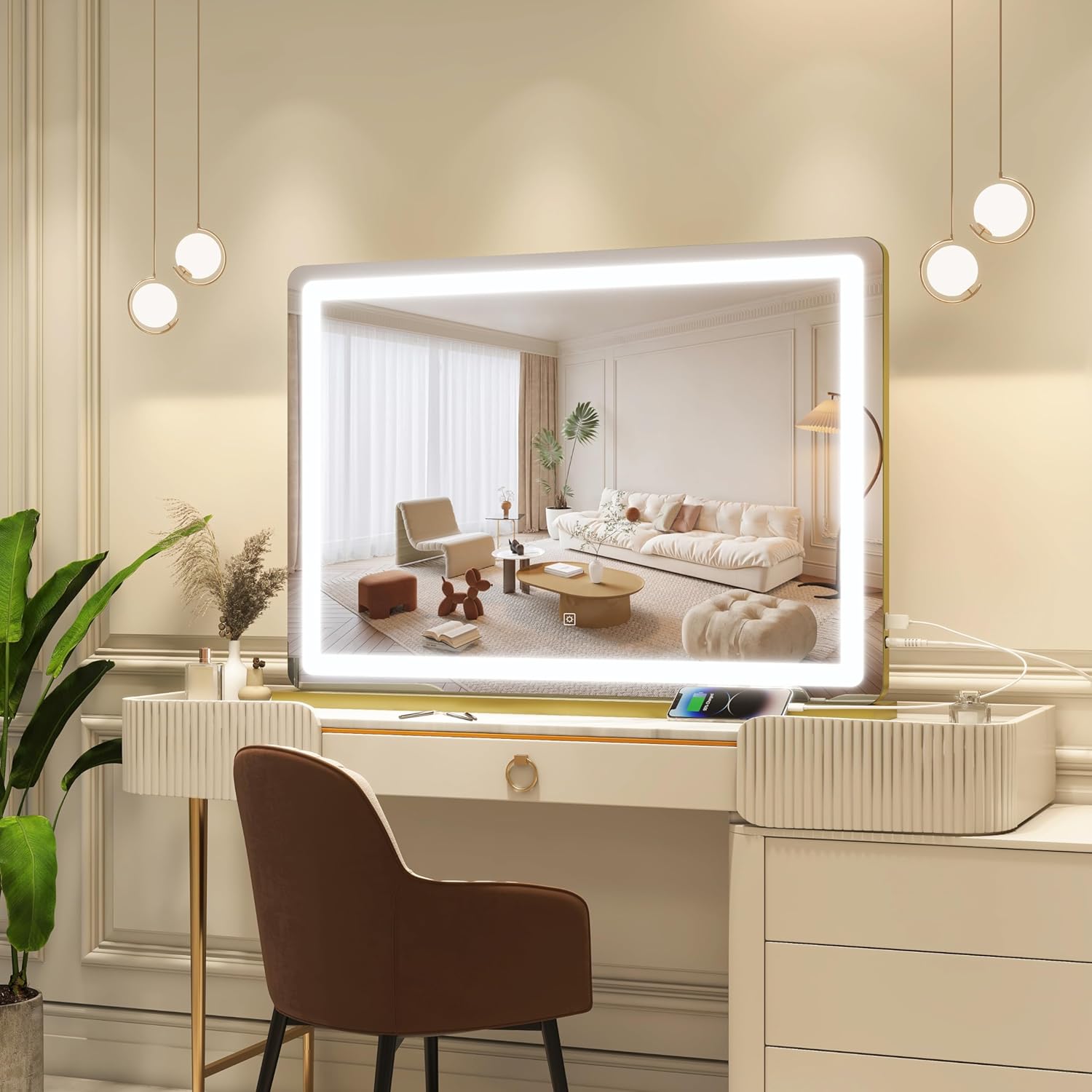 Thumbnail 6 de FENNIO Vanity Mirror with Lights 32"x22" — Lighted Makeup Mirror with 3-Color Lighting, Touch Sensor & USB Charging (Gold)