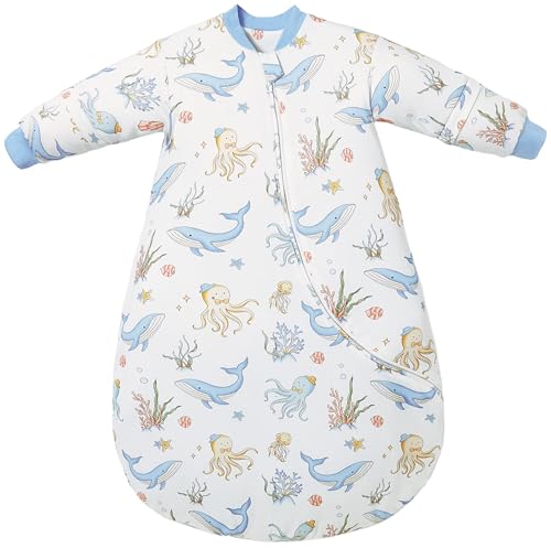 Detalle de Chilsuessy Baby Schlafsack Winter mit abnehmbaren Langarm – Bio Baumwolle, 2.5 Tog, Blau Unterwasserwelt, 90–110 cm