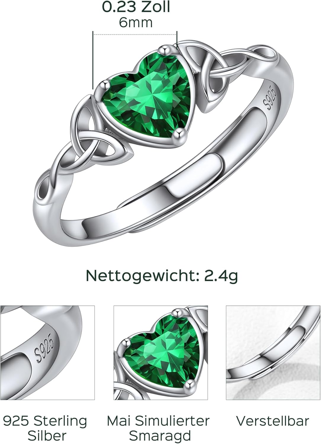 Thumbnail 3 de ChicSilver Ring aus 925 Silber für Damen, verstellbar mit Zirkonia, Herz & keltischem Knoten