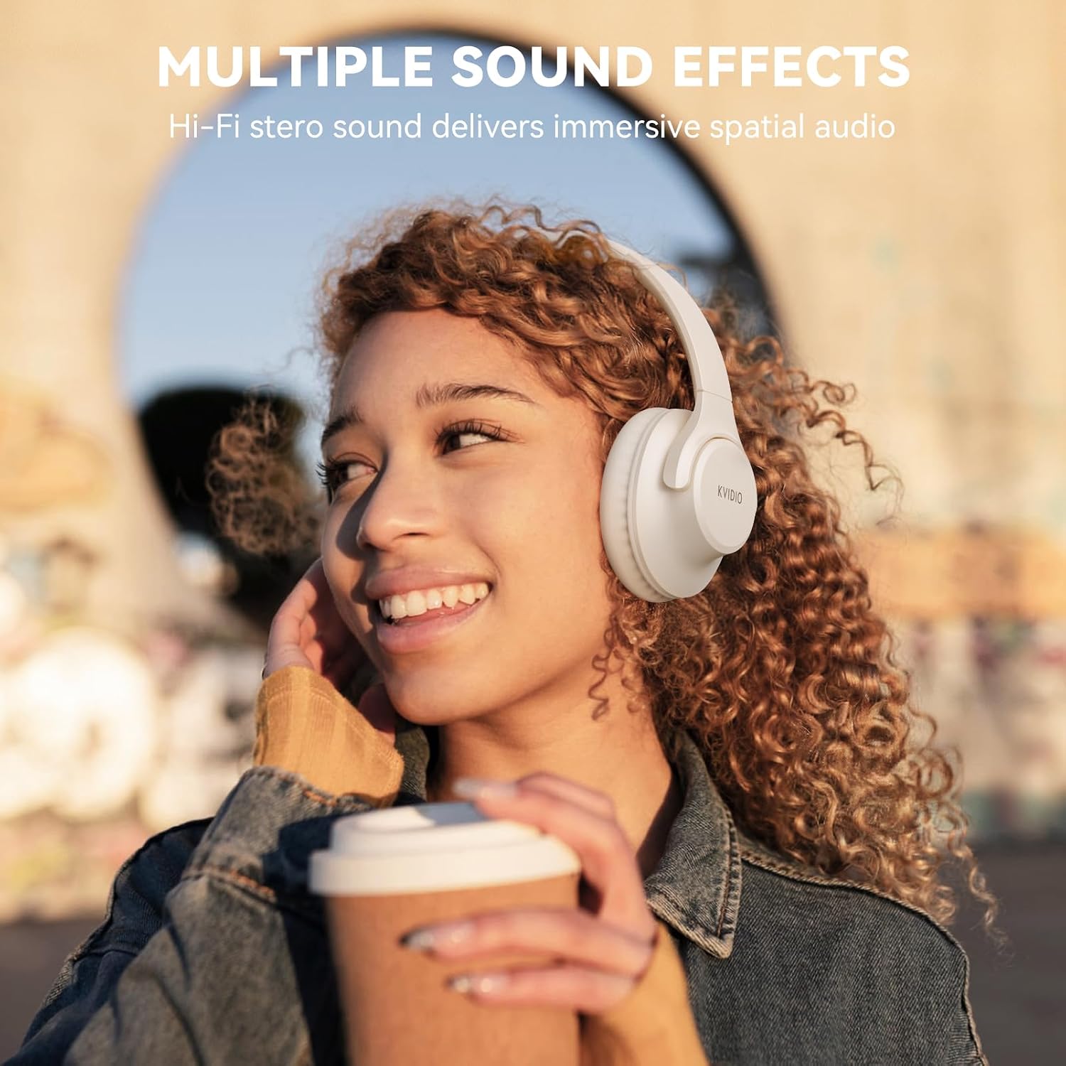 Detalle de KVIDIO Bluetooth Over-Ear Headphones with 65-Hour Playtime (Beige)
