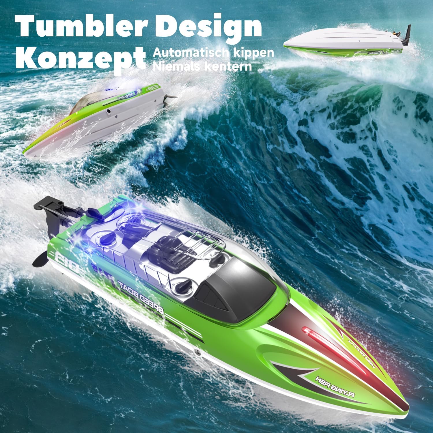Thumbnail 3 de 30 KM/H Ferngesteuertes Boot – RC-Speedboot ab 6 Jahren (1:16) mit Dual-Akkus, wasserdicht, LED-Beleuchtung und Auto-Piloten