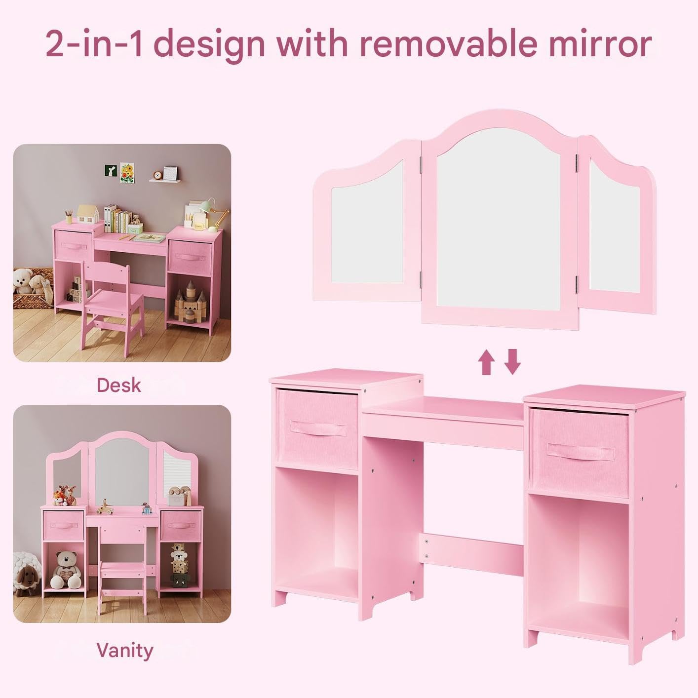 Detalle 2 de Clevich Kids Vanity Table and Chair Set 2-in-1 | Pink, with Removable Mirror & Stool