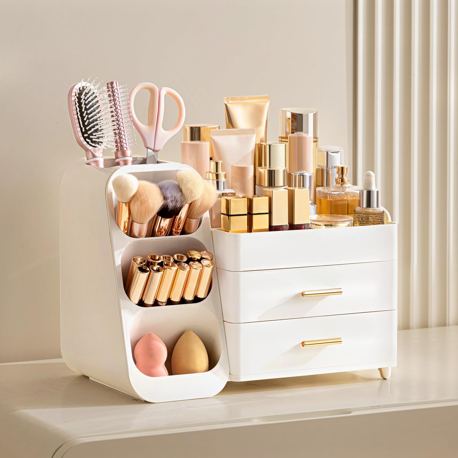 Detalle de HBlife Kosmetik Organizer mit Schubladen – 3-in-1 Make-up Aufbewahrung, Große Kapazität, Weiß