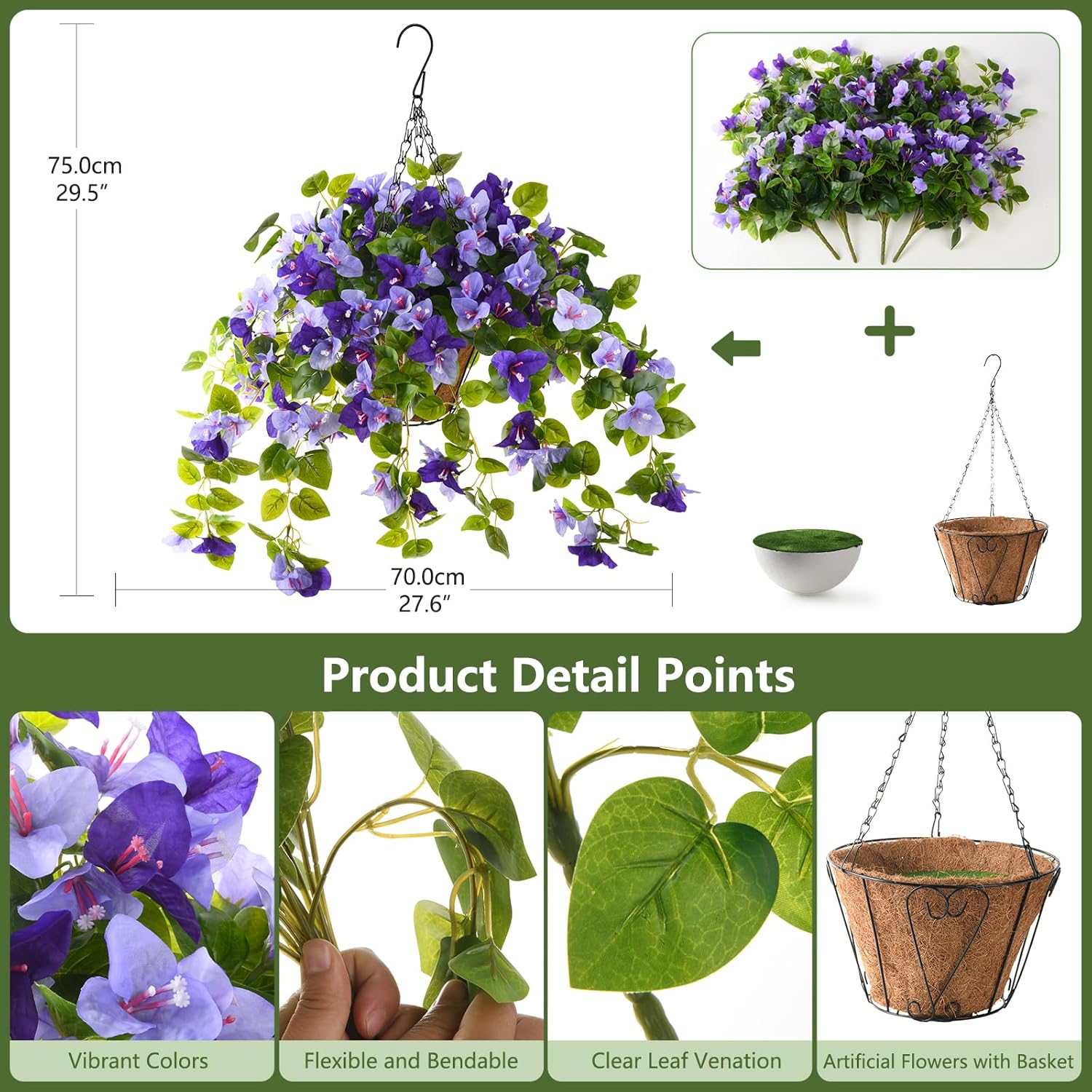 Thumbnail 2 de Homsunny Artificial Bougainvillea Hanging Flowers with Basket for Outdoor Décor