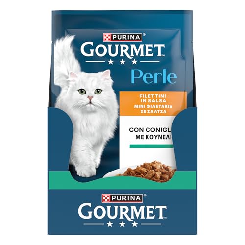 Detalle 2 de GOURMET Perle Filettini in Salsa con Coniglio – 26 Buste da 85 g per Gatti Adulti