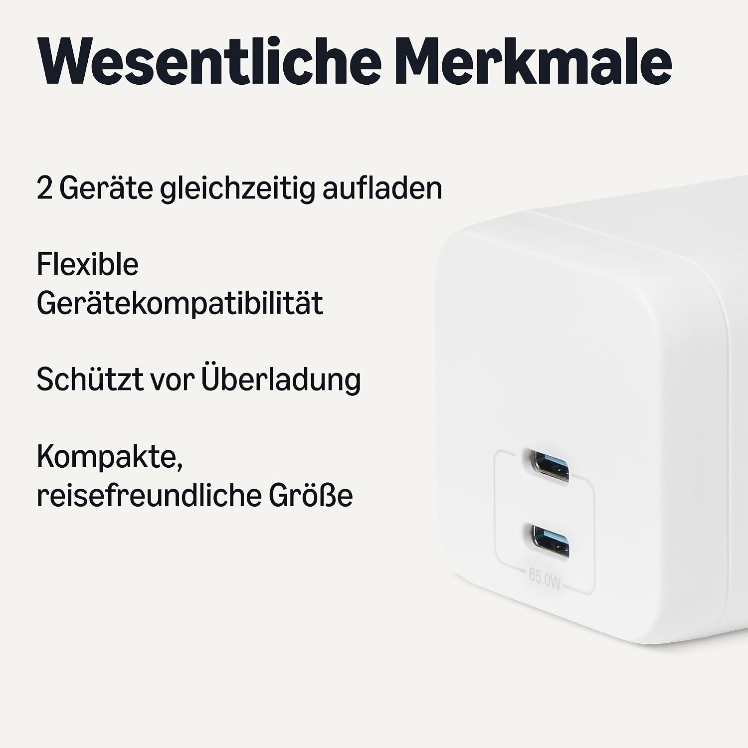 Detalle 2 de Amazon Basics USB-C-Wandladegerät mit Nano-GaN-Technologie und Schnellladen (65 W, 2 Anschlüsse, weiß)