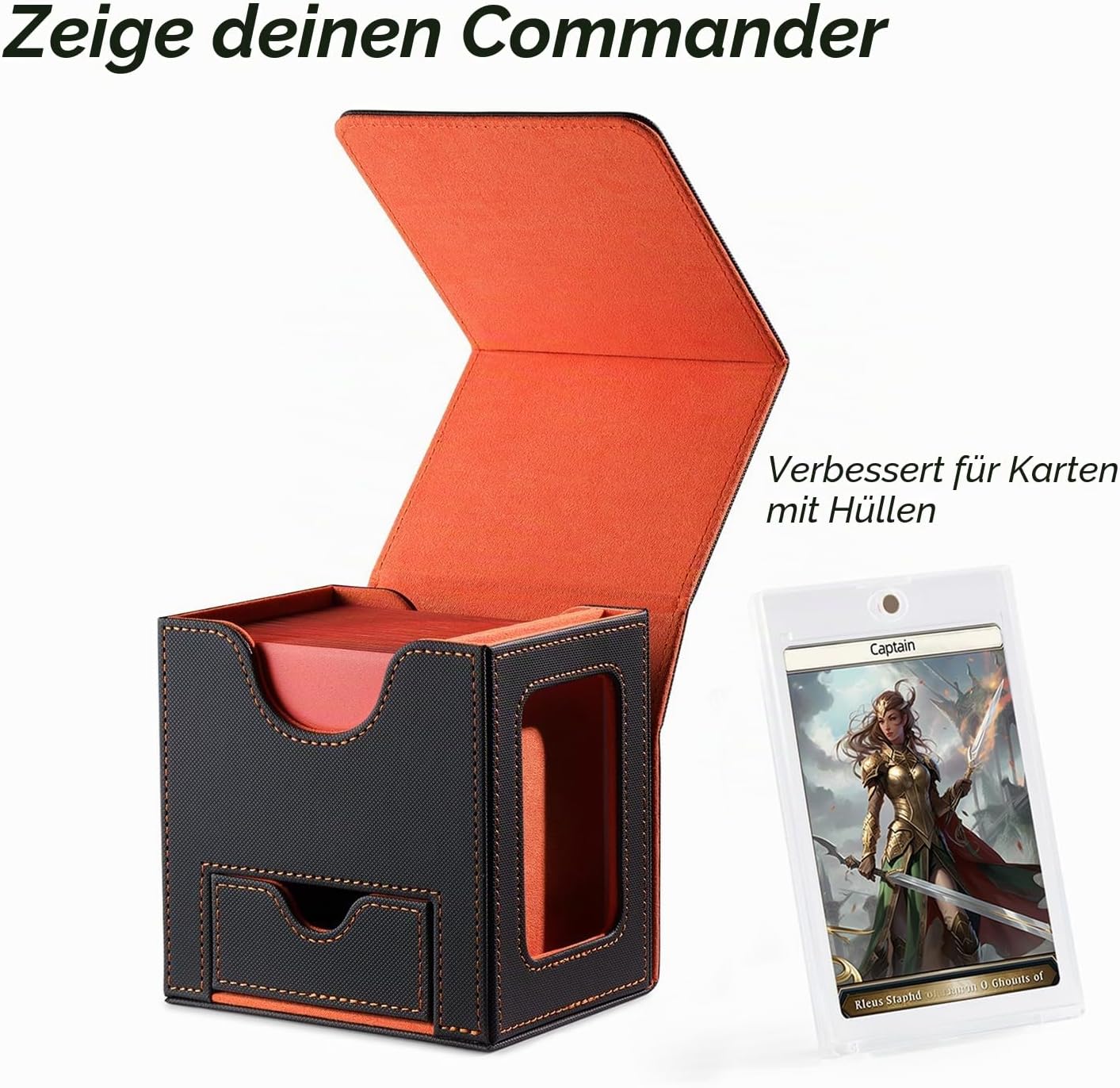 Detalle 2 de Mage Tech Commander Deckbox für MTG – Patentiertes Display-Design, 100 Kartenkapazität, 35pt Magnethalter und Würfelschale (Grau/Orange)