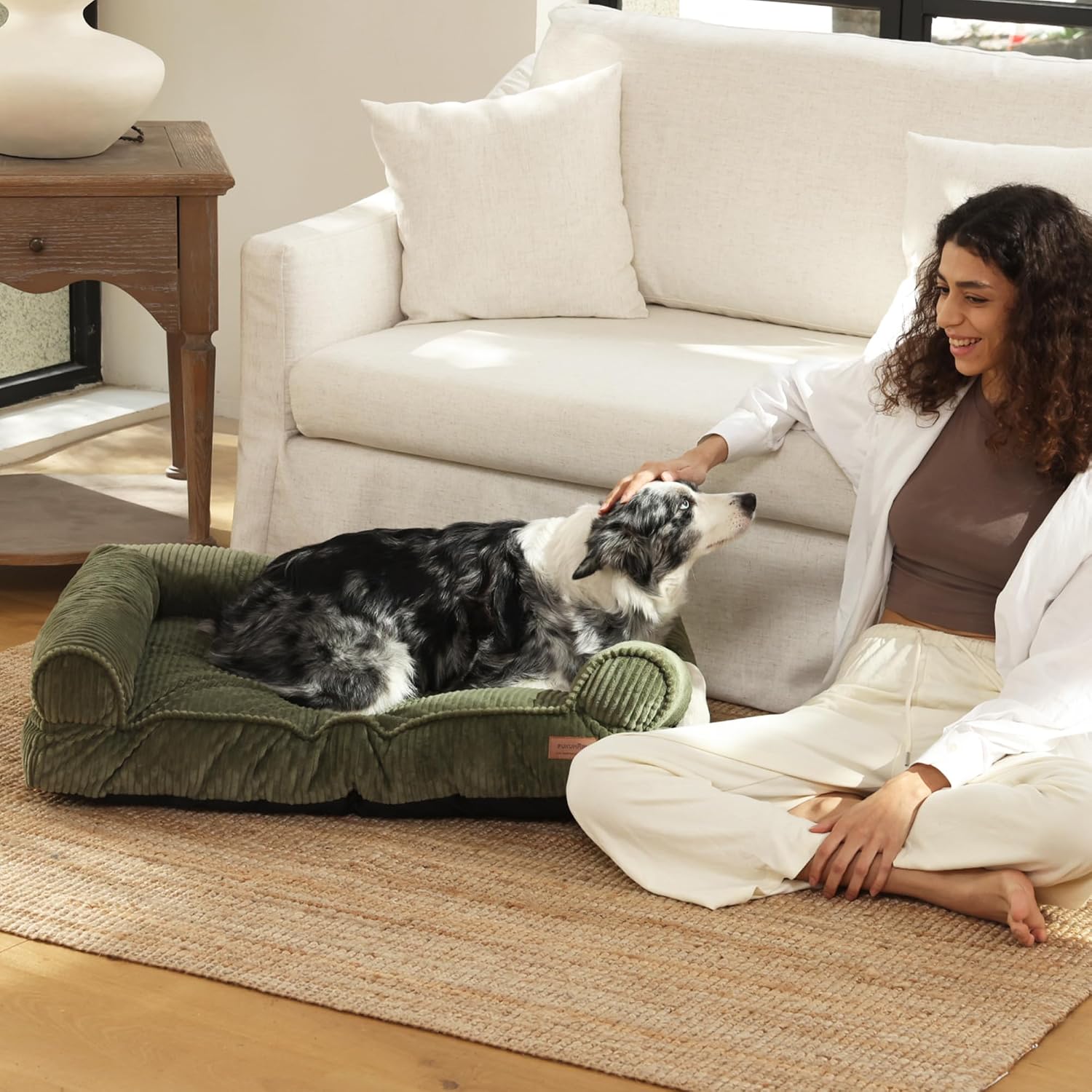 Detalle de FUKUMARU Hundebett für große Hunde (93 x 63 x 22 cm) – Cordstoff, wasserabweisende TPU-Schicht, waschbar