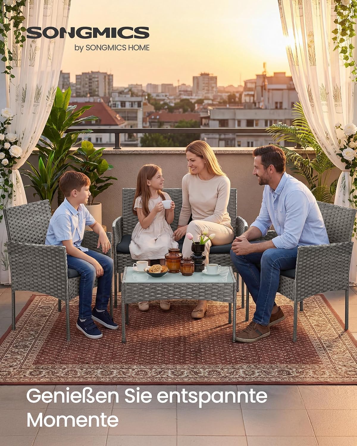 Detalle 2 de SONGMICS Gartenmöbel-Set 4-teilig (Gartenmöbel aus PE-Polyrattan) mit Tisch, 2 Stühlen und 2-Sitzer-Bank – grau GGF004TZ01