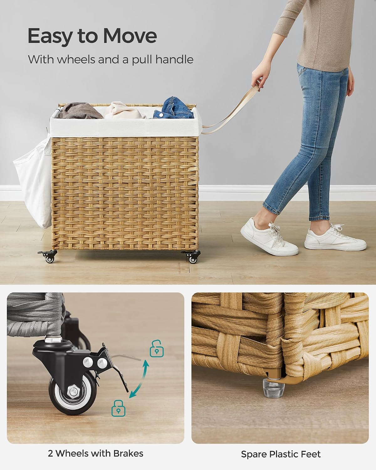 Detalle 2 de SONGMICS LCB363N01 140 L Laundry Basket with Lid, 3 Compartments & Wheels