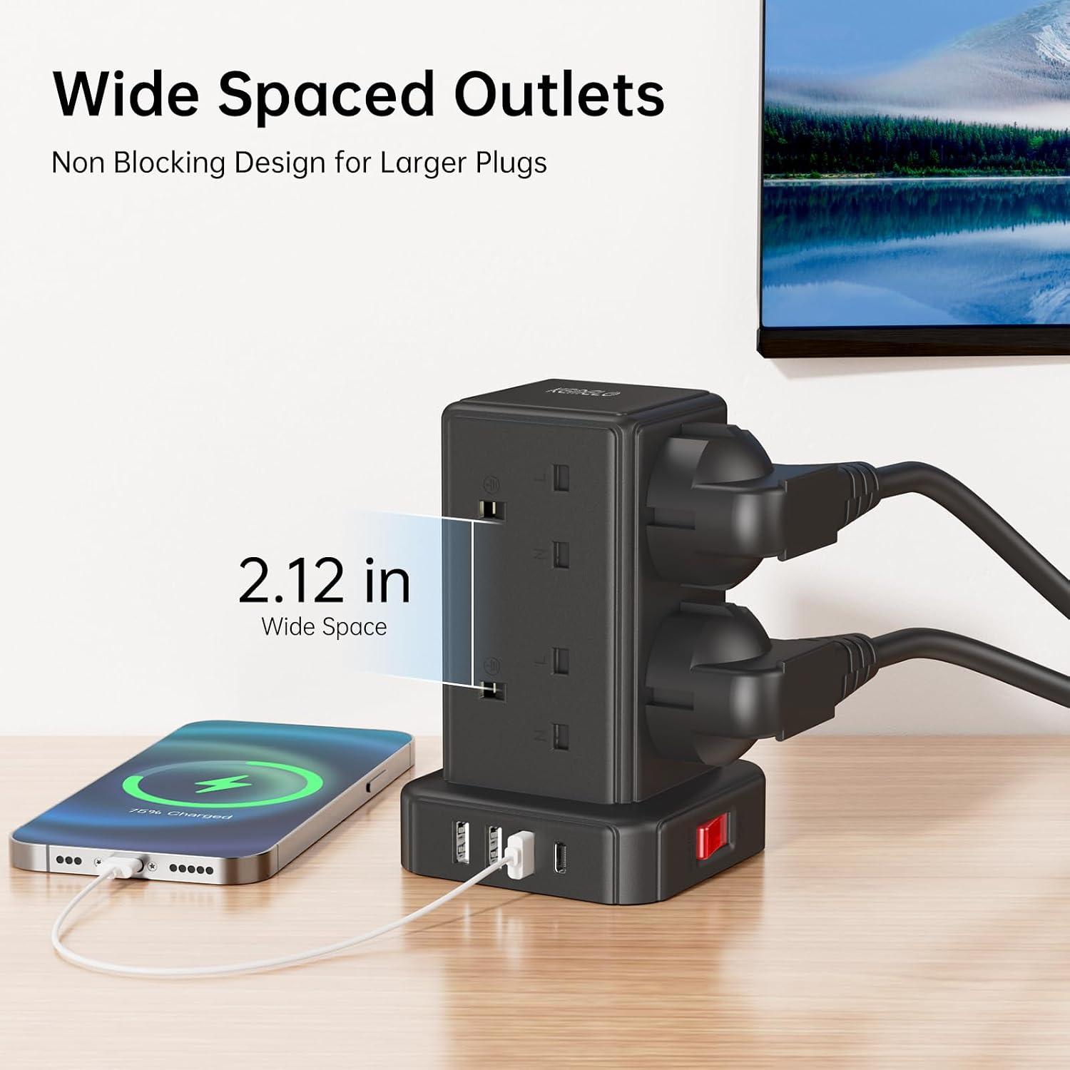 Thumbnail 4 de Kemelo Tower Extension Lead 8-way with 4 USB 2m cable 🔌