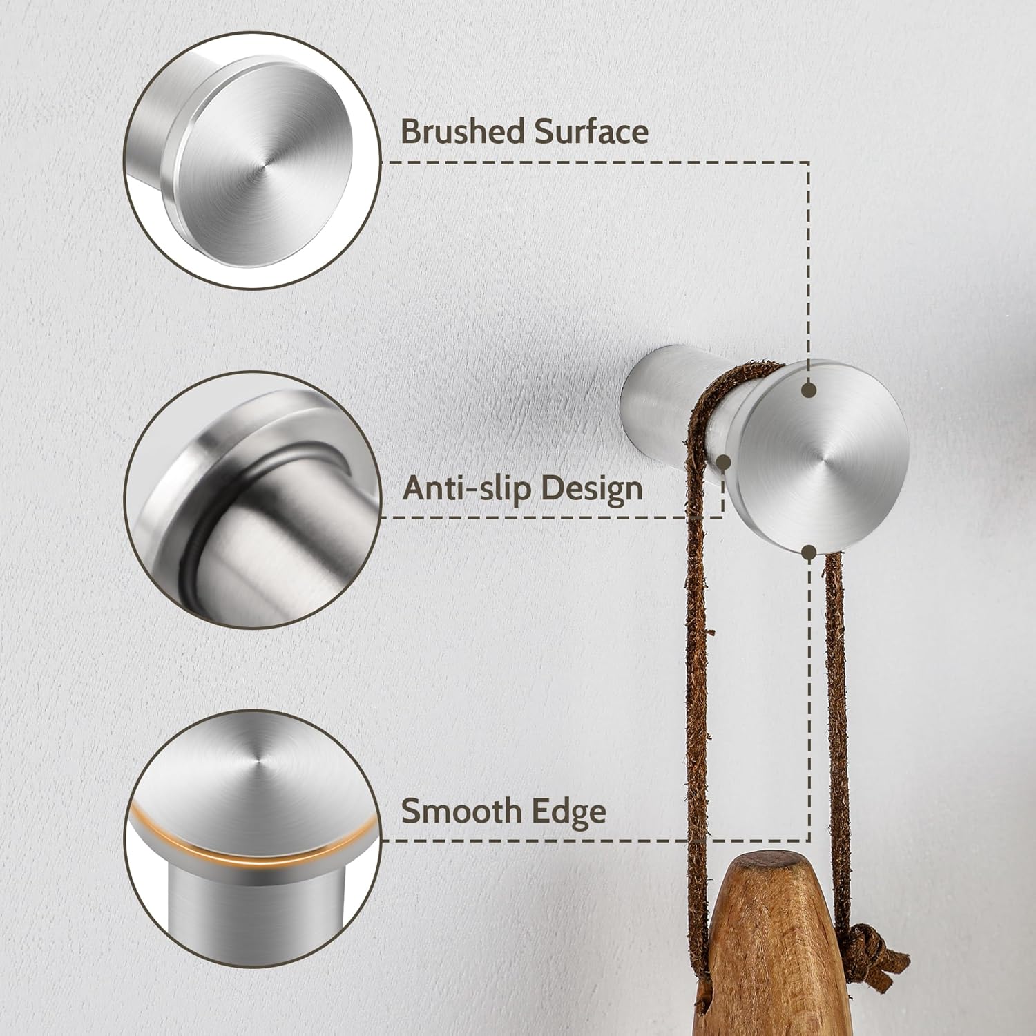 Detalle de SAYAYO 4PCS Coat Hooks Wall Mounted SUS304 Stainless Steel – Brushed Nickel