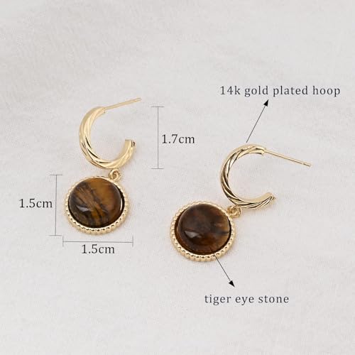Detalle 2 de Weviway Tigerauge Ohrringe 14K vergoldet – hypoallergene Drop Anhänger, Hoop Ohrstecker