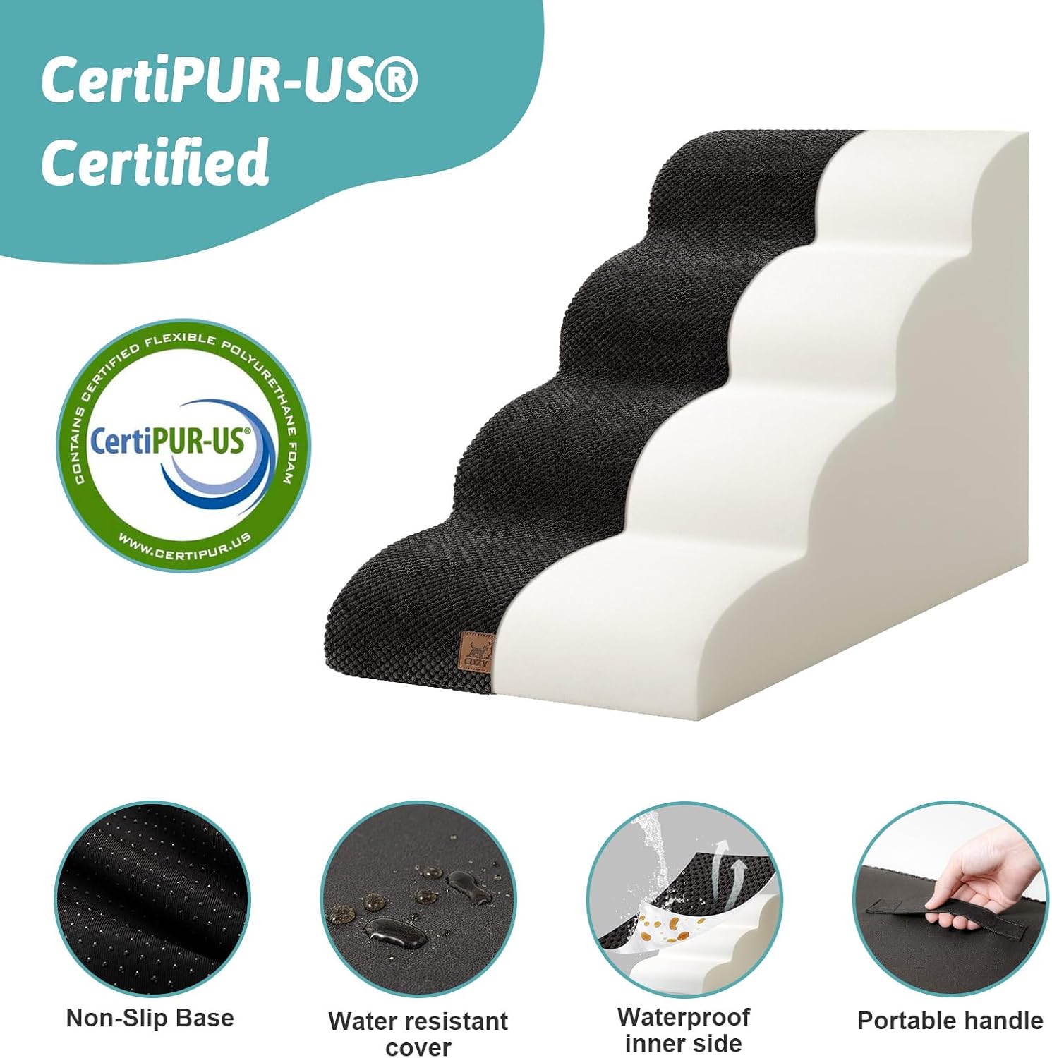 Detalle de COZY KISS 4-Step Dog Stairs for Small Dogs with Leakproof Cover, Curved Pet Step Ramp (Black)