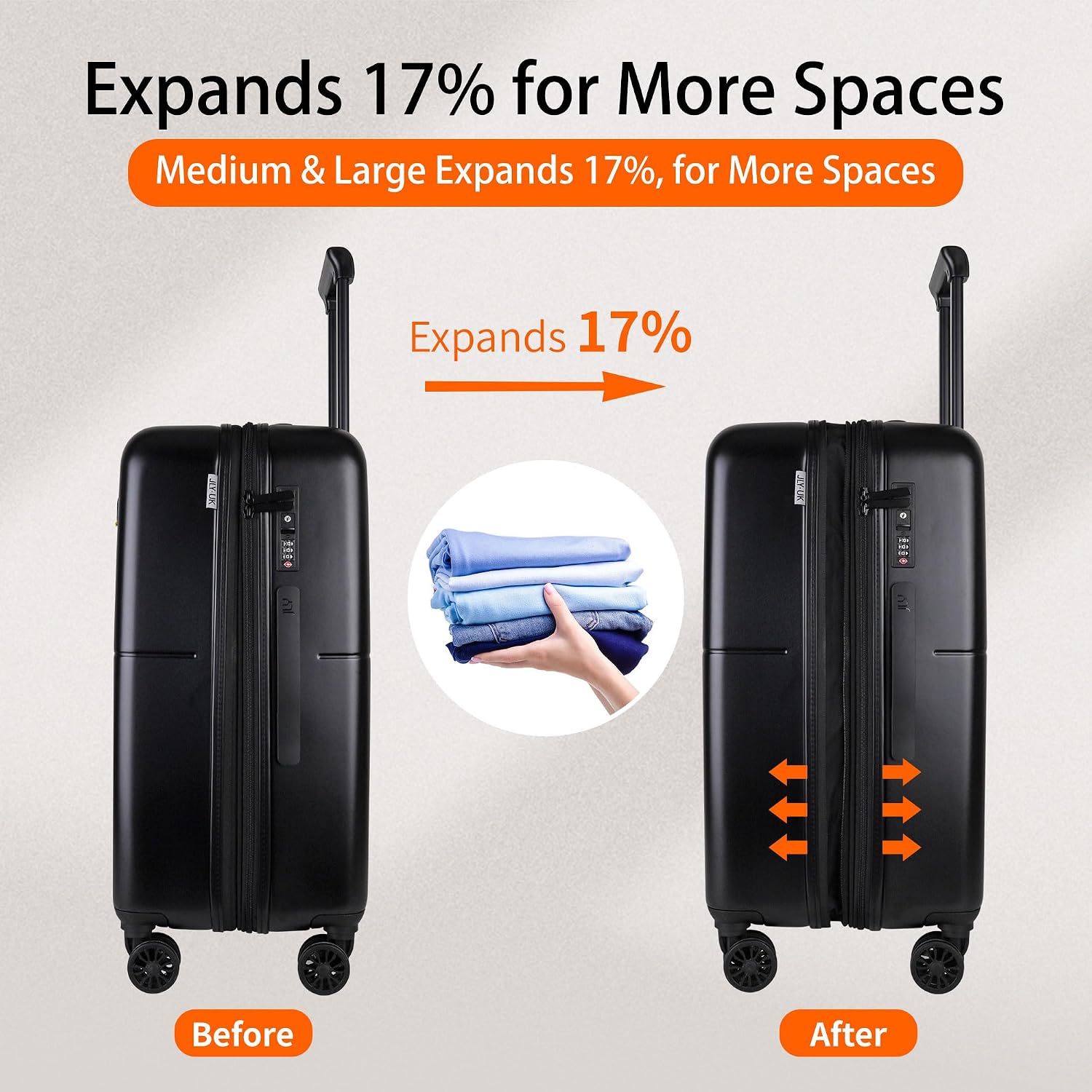 Detalle de JLY Premium 4-Piece Luggage Set with Hard Shell Vanity Case and Expandable Spinners (Black)