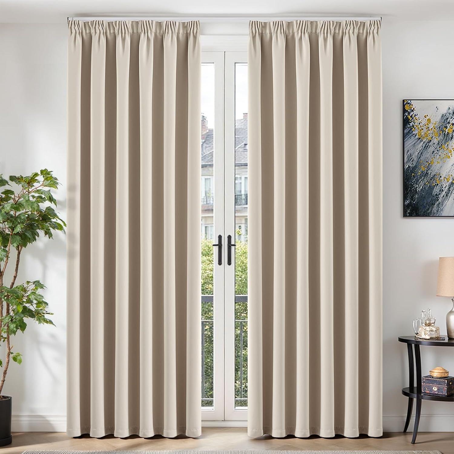 Detalle de TOPICK Beige Blackout Pencil Pleat Curtains (2 Panels, 90W x 90L) – Thermal, Noise-Reducing Window Treatment