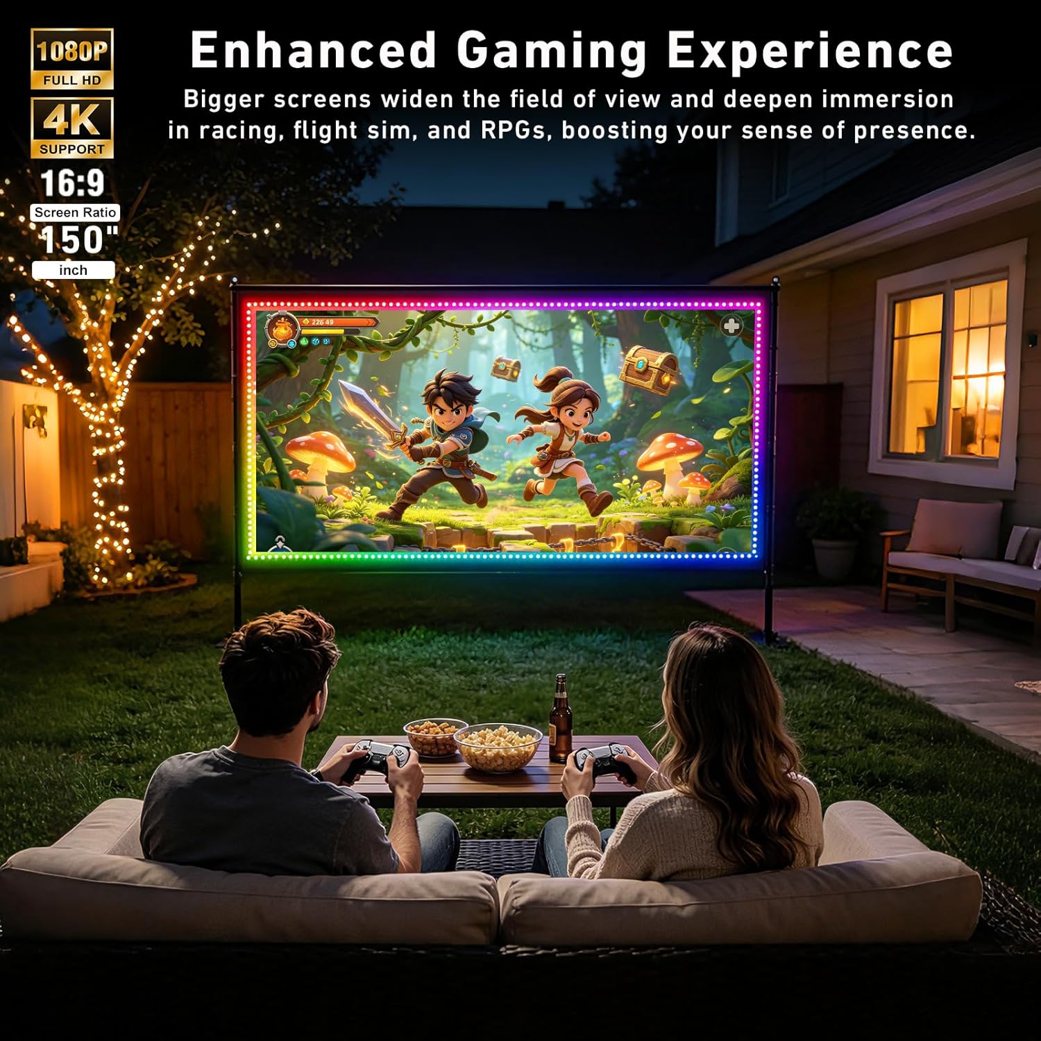 Detalle de 150 Inch Projector Screen with Stand with USB String Lights: Large Indoor/Outdoor 16:9 4K-Ready Display