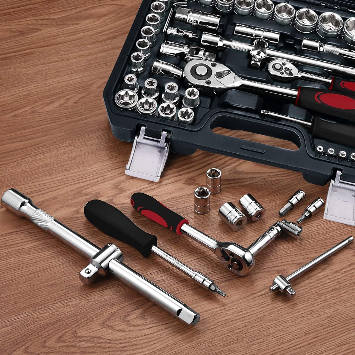 Detalle 2 de HUIYOPU 108-Piece Socket Set with 1/4" & 1/2" ratchet, CR-V bits and tools for DIY, cars and bicycle repairs